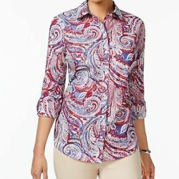 Charter Club Women’s Tabbed Sleeves Petites Cotton Shirt, 2P, Cloud Combo - Picture 1 of 10